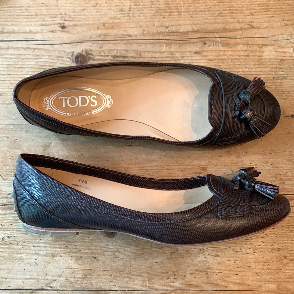 Tod’s Leather Driving Moc Tassel Ballerina Loafer  Flat Snake texture